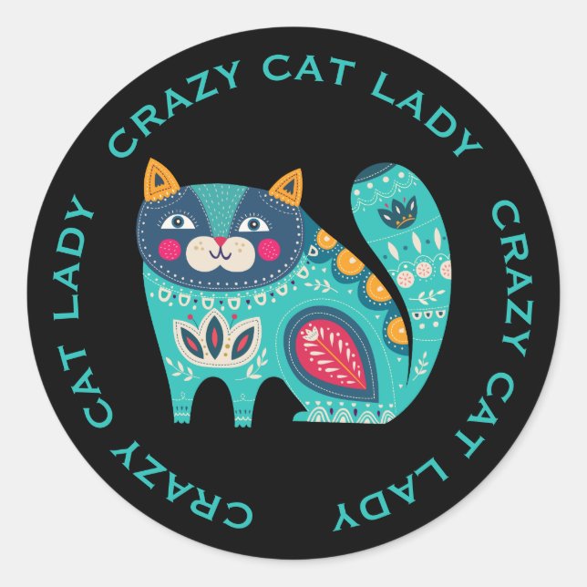 Crazy Cat Lady, Colourful Stylised Cat  Classic Round Sticker (Front)