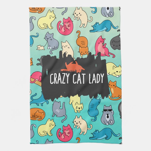 Crazy Cat Lady Cute and Playful Cat Pattern Tea Towel (Vertical)