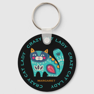 Crazy Cat Lady, Fun Stylised Cat Illustration Key Ring