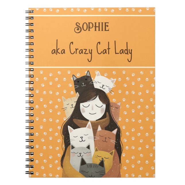 Crazy Cat Lady Illustration with Name Funny Notebook (Front)