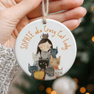 Crazy Cat Lady Illustration with Name  Quirky& Fun Ceramic Tree Decoration