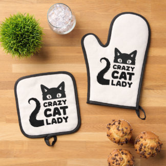 Crazy Cat Lady Oven Mitt & Pot Holders Holder Set