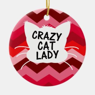 Crazy Cat Lady with Red Chevron Pattern Ceramic Tree Decoration