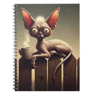 CRAZY CAT WITH CUP OF COFFEE ON FENCE NOTEBOOK