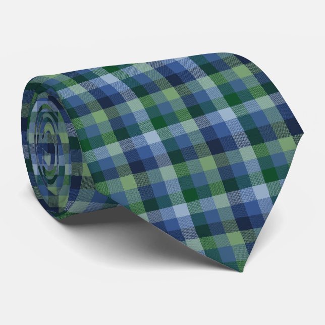Crazy Check Plaid Denim and Green Two-Sided Tie (Rolled)