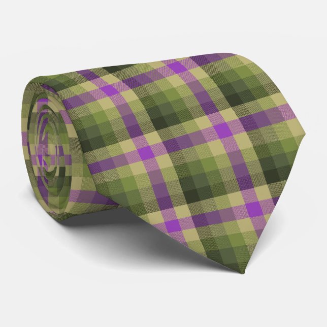 Crazy Check Plaid Olive Green and Violet Two-Sided Tie (Rolled)