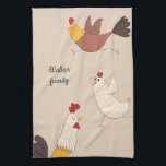 crazy chickens modern farmhouse monogram tea towel<br><div class="desc">crazy cartoon chickens for all chicken lovers out there. cute summer accessory for beach or pool party with your monogram in brush script font ready for your customisation</div>