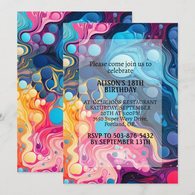 Crazy Colourful Wavy Print Birthday Party Invitation (Front/Back)