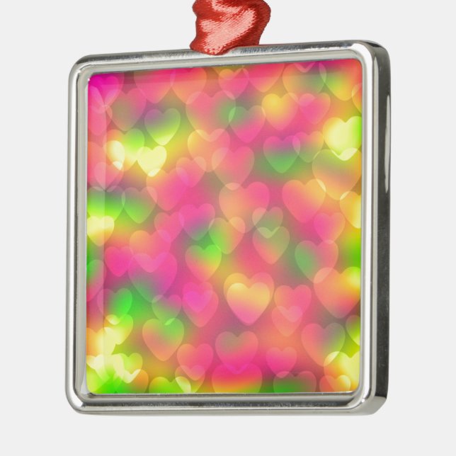 Crazy Colours Hearts Bokeh Sq Ornament (Left)