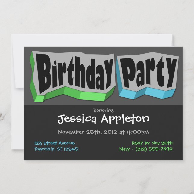 Crazy Cool Green & Blue Birthday Party Invitations (Front)