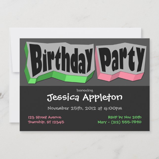 Crazy Cool Green & Pink Birthday Party Invitation (Front)