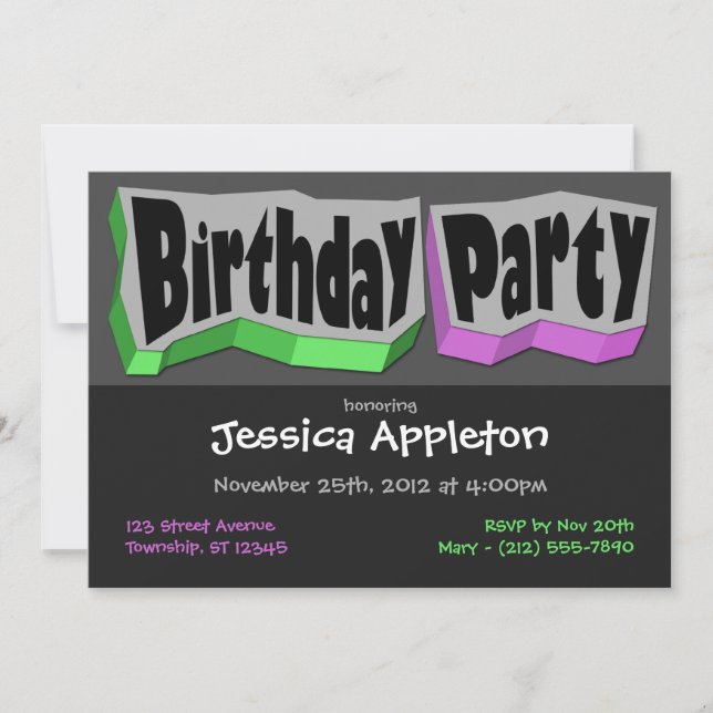 Crazy Cool Green Purple Birthday Party Invitations (Front)