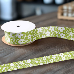 Crazy Daisy Pattern in Spring Green Satin Ribbon