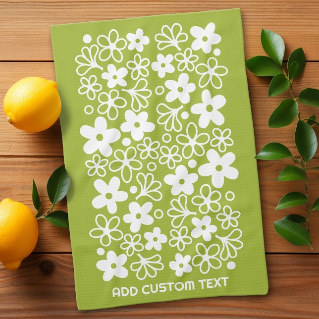Crazy Daisy Pattern in Spring Green with Name Tea Towel (Custom Kitchen Towel)