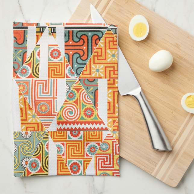 Crazy Diamond Floral Art Pattern Orange Kitchen Tea Towel (Quarter Fold)