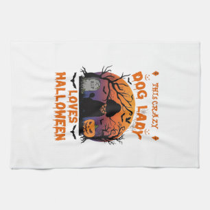 Crazy Dog Lady Loves Halloween Poodle Pumpkin Tomb Tea Towel