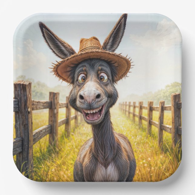 Crazy Donkey Wearing a Straw Hat Paper Plate (Front)