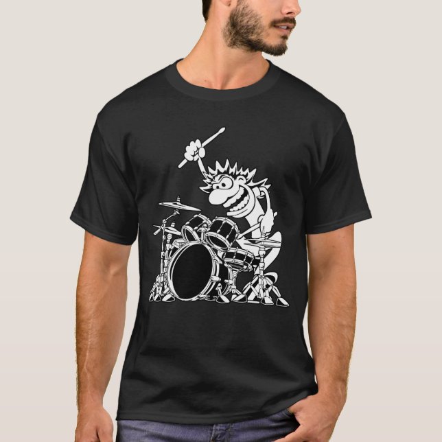 Crazy Drummer Cartoon Illustration T-Shirt (Front)