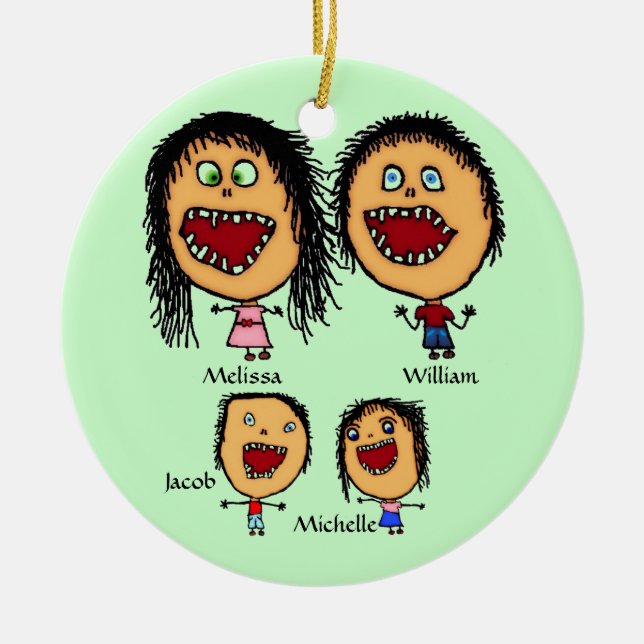 Crazy Family of Parents with Two Children Cartoon Ceramic Tree Decoration (Front)