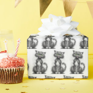 Crazy Feline On White Wrapping Paper