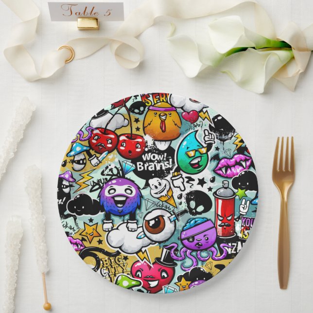 Crazy Fruits and Vegetables Graffiti Art Paper Plate (Wedding)