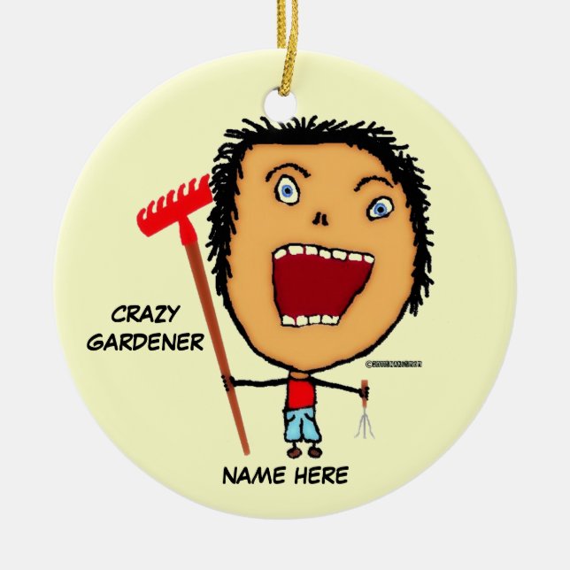Crazy Gardener Cartoon Ceramic Tree Decoration (Front)