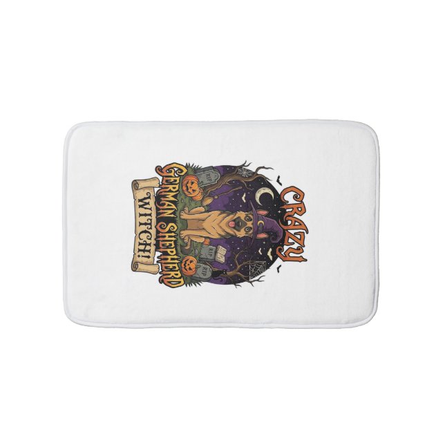 Crazy German Shepherd Witch Halloween Dog Pumpkins Bath Mat (Front)