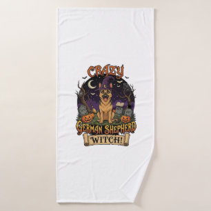 Crazy German Shepherd Witch Halloween Dog Pumpkins Bath Towel