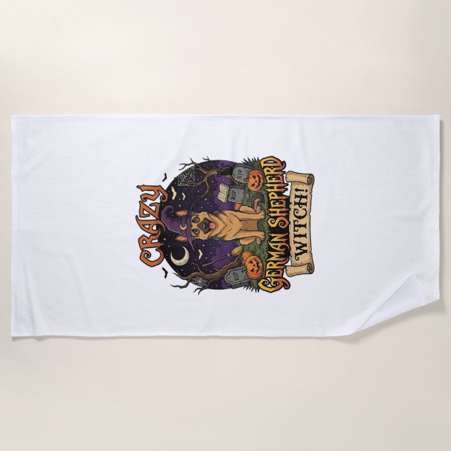 Crazy German Shepherd Witch Halloween Dog Pumpkins Beach Towel (Front)