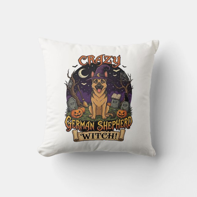 Crazy German Shepherd Witch Halloween Dog Pumpkins Cushion (Front)