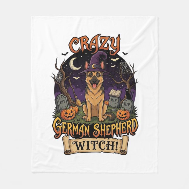 Crazy German Shepherd Witch Halloween Dog Pumpkins Fleece Blanket (Front)