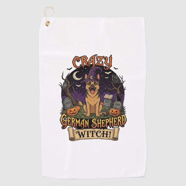 Crazy German Shepherd Witch Halloween Dog Pumpkins Golf Towel (Front)