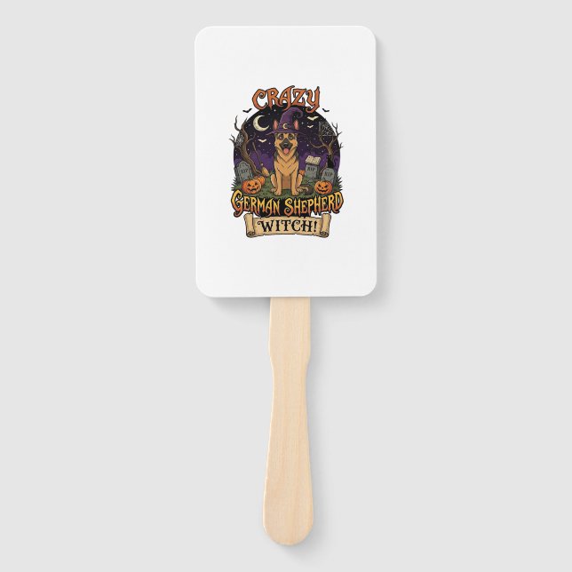 Crazy German Shepherd Witch Halloween Dog Pumpkins Hand Fan (Front)