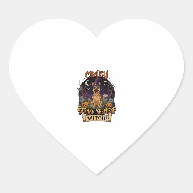 Crazy German Shepherd Witch Halloween Dog Pumpkins Heart Sticker (Front)