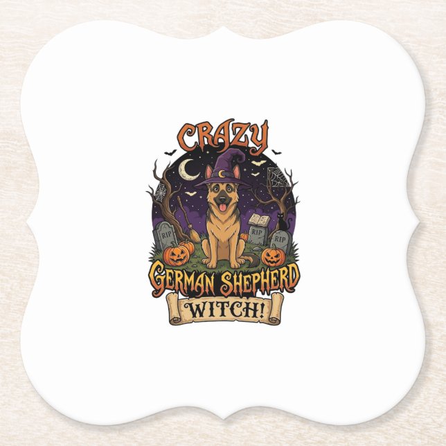 Crazy German Shepherd Witch Halloween Dog Pumpkins Paper Coaster (Front)