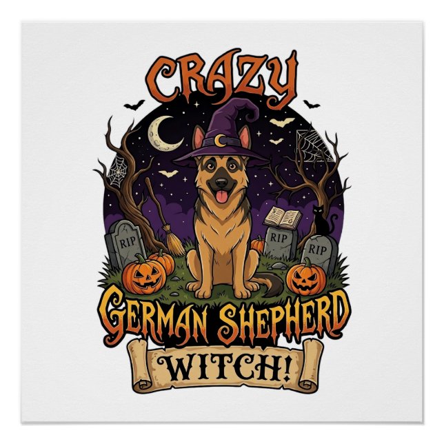 Crazy German Shepherd Witch Halloween Dog Pumpkins Poster (Front)