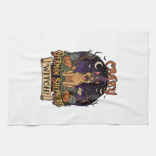 Crazy German Shepherd Witch Halloween Dog Pumpkins Tea Towel