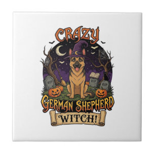 Crazy German Shepherd Witch Halloween Dog Pumpkins Tile
