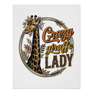 Crazy Giraffe Lady Vintage Engraving Shirt Design_ Poster