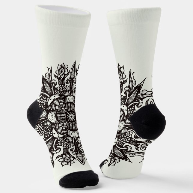 Crazy goth black and white cool psychedelic socks (Angled)