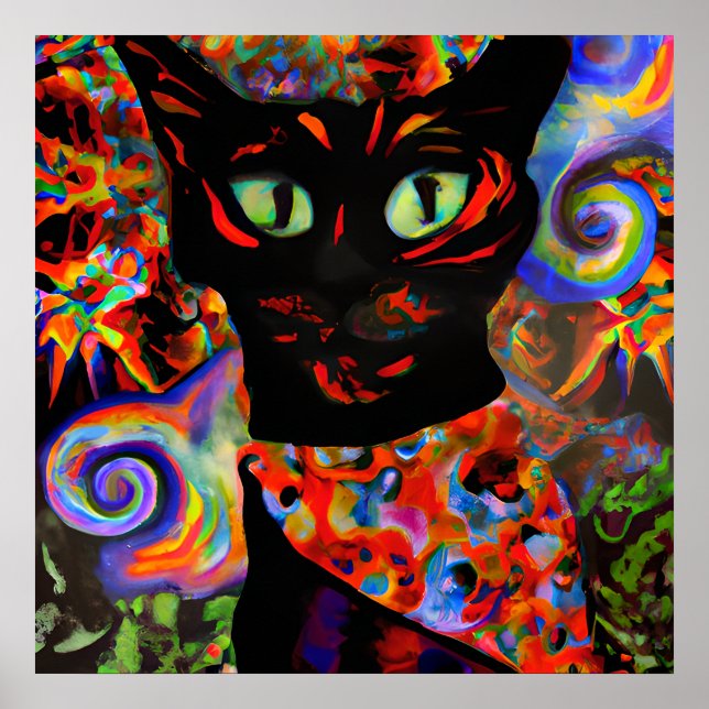 Crazy Halloween Black Cat Portrait Art Poster (Front)