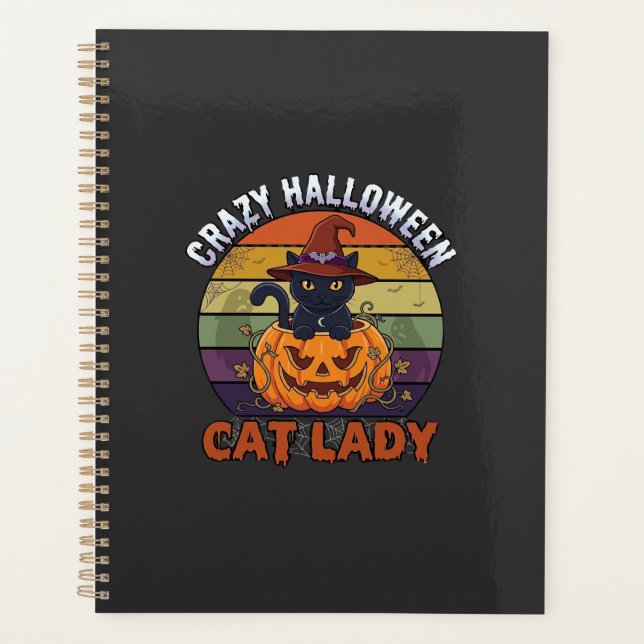 Crazy Halloween Cat Lady Black Pumpkin Witch Hat Planner (Front)