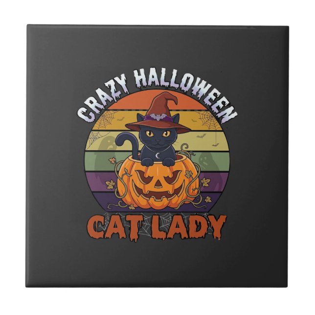 Crazy Halloween Cat Lady Black Pumpkin Witch Hat Tile (Front)