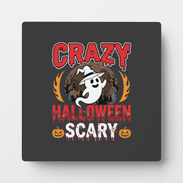 Crazy Halloween Scary Ghost and Pumpkin Design Plaque (Front)