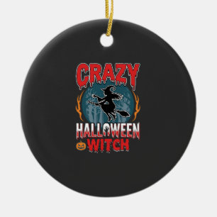 Crazy Halloween Witch Flying Broom Horror Design Ceramic Tree Decoration