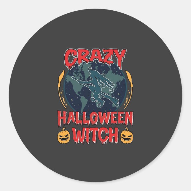 Crazy Halloween Witch Pumpkin Flying Moon Spooky N Classic Round Sticker (Front)