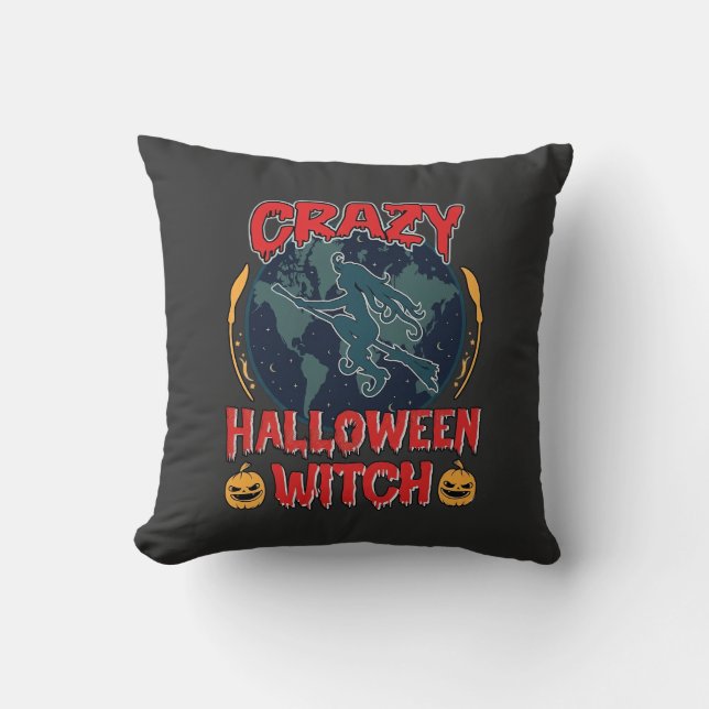 Crazy Halloween Witch Pumpkin Flying Moon Spooky N Cushion (Front)