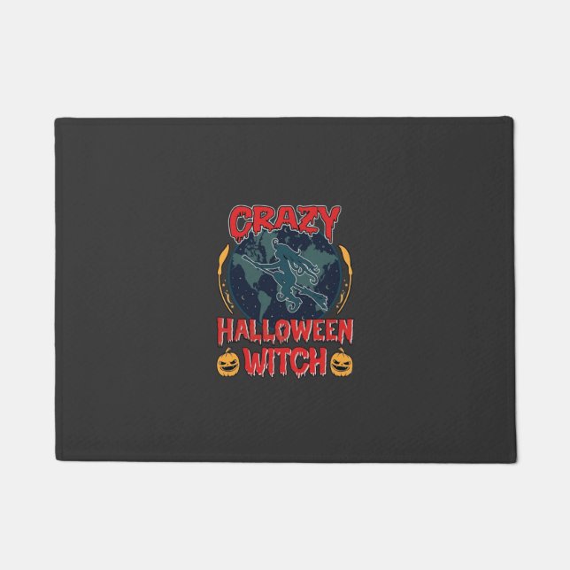 Crazy Halloween Witch Pumpkin Flying Moon Spooky N Doormat (Front)