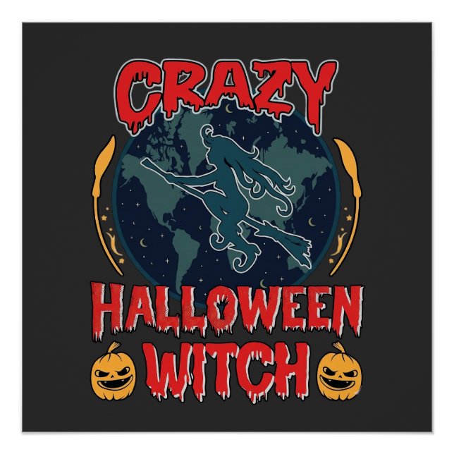 Crazy Halloween Witch Pumpkin Flying Moon Spooky N Poster (Front)