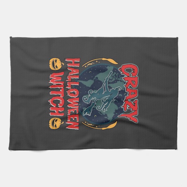 Crazy Halloween Witch Pumpkin Flying Moon Spooky N Tea Towel (Horizontal)